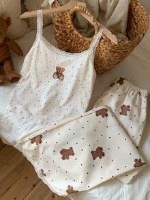 Comfortcana 2件套女士熊印花吊带背心上衣和裤子套装 - 杏色 - 查看 5