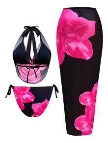 Swim Oasis 加大码女式夏季沙滩花卉印花吊带性感比基尼泳装套装带罩衫裙 - 黑色 - 查看 2