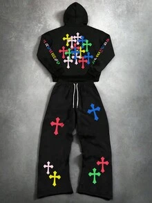 PAVTROS 2 件男士彩色十字架和纽约口号图案印花街头风连帽衫和运动裤套装，秋季服装 - 黑色 - 查看 2