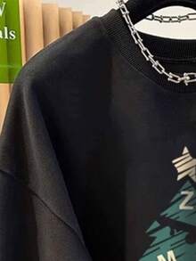 Franclia Women's Fashionable Christmas Tree Print Dropped Shoulder Crew Neck Sweatshirt - Black - View 3