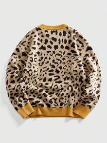 ROMWE MEN Street Life 男士拼色圆领长袖休闲宽松针织豹纹提花毛衣 - 黃色 - 查看 2