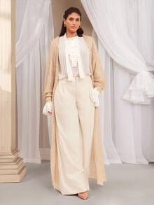 VOLUPTÉ CURVE Plus Size Women's Fall/Winter Champagne Gold Floor Length Cardigan Metallic Knit Sequin Fringe Hooded Drop Shoulder, Elegant Party Evening Cardigan - Gold - View 5