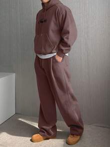 DAZY Men's Thick Letter Embroidered Brown Hoodie Set, Autumn/Winter - Brown - View 1