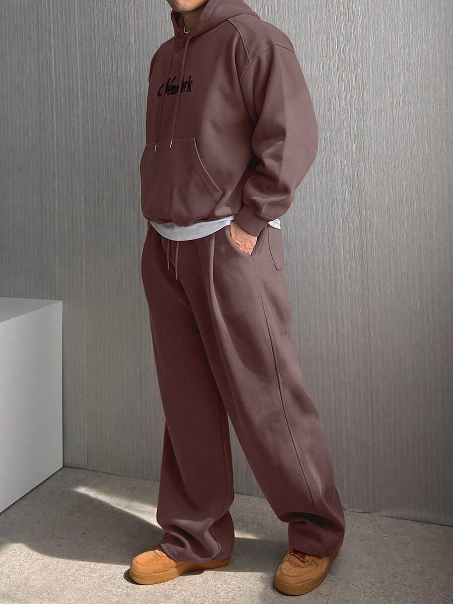 DAZY Men's Thick Letter Embroidered Brown Hoodie Set, Autumn/Winter - Brown - View 1