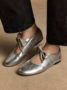 Rosivie 女士新款黑色圆头平底鞋，弹力皮革时尚芭蕾平底鞋，舒适防滑外底，适合户外、日常通勤、春夏季 - 銀色 - 查看 5