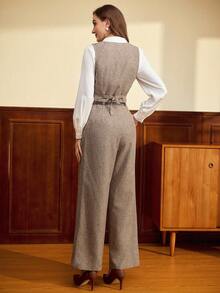 Vintamour 大码复古优雅女士两件套西装，带口袋和腰带，复古优雅背心外套上衣和裤子，休闲工作装，节日服装，女士冬季服装，女士冬季服装，圣诞节服装，女士圣诞节套装，圣诞节女士服装，新年服装，新年套装，新年女士服装，女士感恩节套装，优雅女士套装 - 棕色 - 查看 4