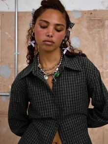 COUREZ 长袖修身格子衬衫 / 女士 Y2K 复古外出上衣 优雅外出装 - 黑色 - 查看 7