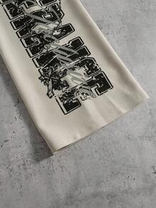 PAVTROS 男式字母和图案印花圆领长袖休闲 T 恤 - 卡其色 - 查看 5