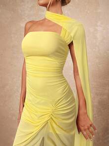 Lumalex Vestido extra largo para mujer con cuello de bufanda, busto fruncido y abertura lateral - Amarillo - Ver 6