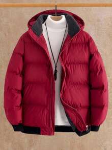 HIMLAND Men's Casual Patchwork Hooded Padded Coat Burgundy Men Outerwear Men Red Jacket Mens Winter Bubble Coat Men Puffer Jacket Men Winter Jacket Men Jacket, For Christmas