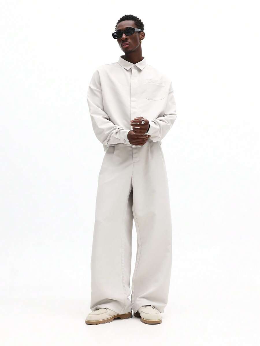 Bộ đồ nam SUMWON dáng ngắn gồm áo sơ mi dài tay có cổ và quần ống rộng xếp ly, thích hợp cho mùa xuân hè. - Xám - Xem 1