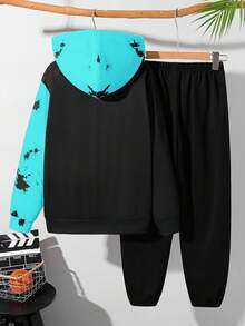 SHEIN 2pcs Tween Boy Casual Street Chic Tie-Dye Graffiti Graphic Round Neck Short Sleeve T-Shirt And Pants Set, Suitable For Commuting, School, Daily Casual, Sports, Street Style, Spring/Summer - Blue - View 2