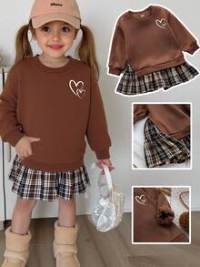 Firerie Kids Firerie Kids Young Girls Plush Thickened Sweatshirt Patchwork Plaid Skirt Sweatshirt Dress, Retro Fashion Versatile Casual Everyday Wear - Mocha Brown - View 8