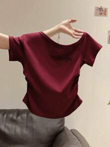 INAWLY 女式夏季新款性感不对称肩部蝴蝶结刺绣荷叶边修身露肩T恤