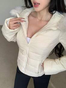 DAZY 女式休闲毛领拼布棉服外套，秋冬 - 米色 - 查看 9