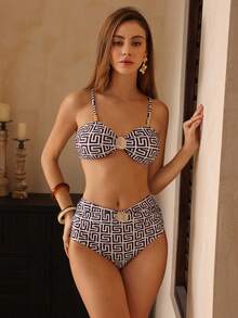 Swim Chiccia 女款夏季度假優雅休閒海灘印花可調式肩帶兩件式比基尼泳衣套裝，附金屬貝殼裝飾 - 彩色 - 查看 8