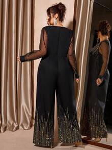 Cravure Plus Size Women's Luxurious, Elegant Mesh Patchwork Jumpsuit - Black - View 2