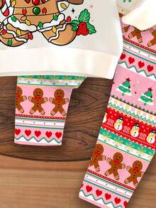 SHEIN 圣诞节可爱卡通姜饼人、雪花、铃铛、拐杖糖印花柔软厚实圆领长袖卫衣和打底裤套装，适合秋冬季女婴 - 彩色 - 查看 6