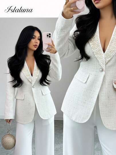 Rafferiza Women's Elegant Casual Party Tweed Jacket With Heavy Beaded Decor, Winter