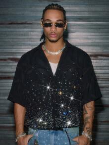 AXEPEAK Áo thun polo dáng rộng đính đá pha lê cho nam - màu đen - Xem 1