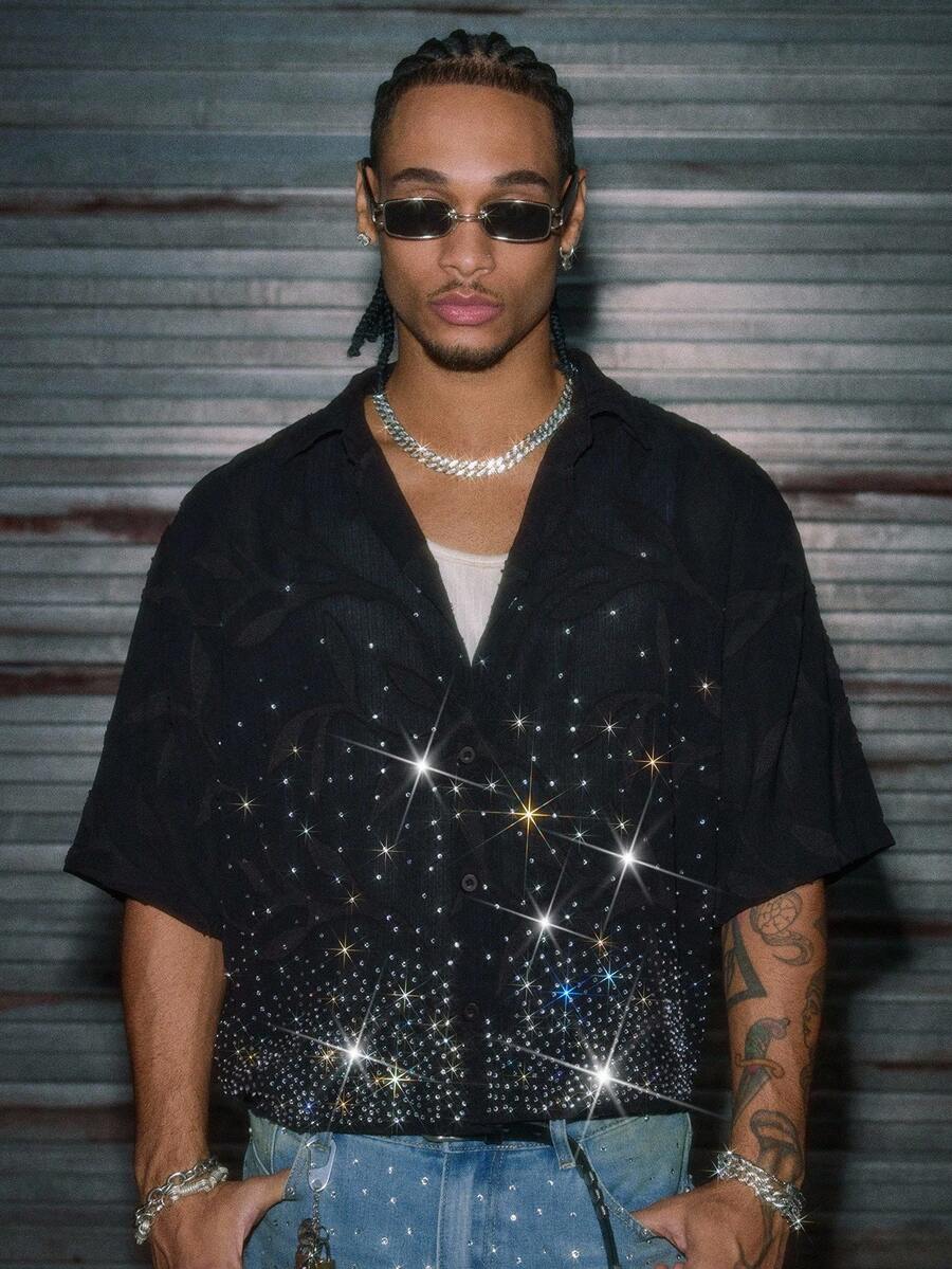 AXEPEAK Áo thun polo dáng rộng đính đá pha lê cho nam - màu đen - Xem 1