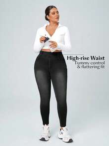 SHEIN CURVE+ 冬季加大码女式牛仔弹力性感休闲紧身牛仔裤，女士牛仔竞技风格 - 黑色 - 查看 4