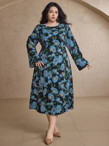 Dazy Plus Plus Size Women Floral Print Long Sleeve Dress, High-End Fitted Formal Gown Dress Boho - Blue - View 5