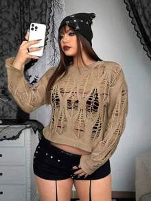 Whyspr 加大码朋克风格圆领镂空破洞套头毛衣，休闲落肩针织上衣 - 卡其色 - 查看 5