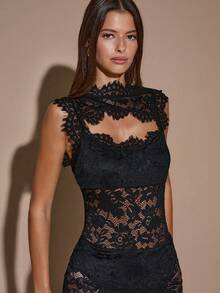 SHEIN BAE Autumn/Winter Women's Solid Black Sexy Sheer Lace Backless Jumpsuit, Elegant Going Out Outfit For Daily, Date, Party, Asymmetric Leg Wide Leg Jumpsuit, Valentine's Day Jumpsuit, Everyday Jumpsuit, Graceful Jumpsuit, Autumn Lace Jumpsuit, Halloween, Christmas - Black - View 5