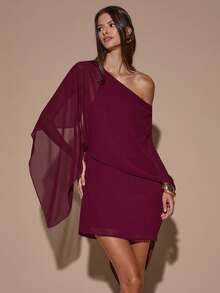 SHEIN BAE فستان قصير أكمام طويلة غير متماثل الكتف باللون البرغندي مع ربطة خلفية، أنيق لحفلات الكوكتيل والمناسبات الرومانسية والتجمعات والمناسبات الرسمية وفساتين الإيجار وخروجات الليل وعيد الهالوين وعيد الميلاد