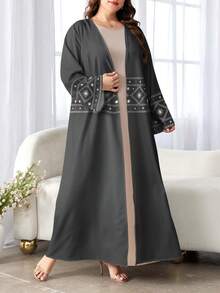 SHEIN Najma 女士时尚长袖几何星星印花休闲阿拉伯长袍，春秋装 - 彩色 - 查看 3