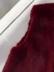Franclia 女式纯色无袖短款人造毛皮背心 - 酒紅色 - 查看 4