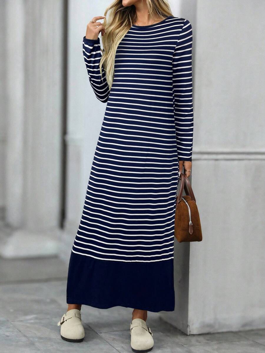 Đầm dài tay cổ tròn kẻ sọc Colorblock dành cho nữ - Màu xanh hải quân - Xem 1