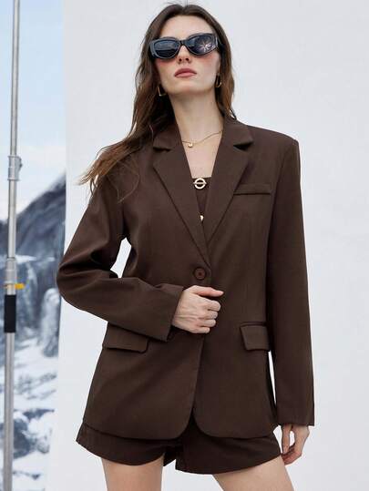 Aveloria Modichic Women's Asymmetrical Buckle Long Sleeve Loose Blazer, Camisole And Shorts 3 PiecesSuit Set