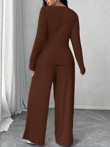 Elenzga 加大码柔软针织罗纹面料交叉长袖T恤+柔软罗纹阔腿裤休闲家居服两件套 - 咖啡棕 - 查看 2