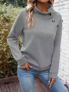 SHEIN LUNE Áo nỉ tay raglan cổ cao đơn giản, màu trơn, dễ mặc, đi làm hàng ngày dành cho nữ, mùa thu/đông - Xám - Xem 5