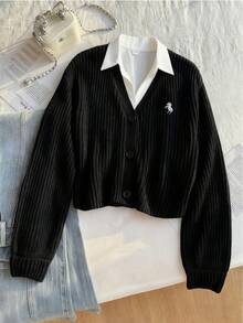 SHEIN 1 pièce Cardigan court oversize à col en V pour filles, veste en tricot noire ample à manches longues de style minimaliste mode avec motif de broderie de cheval, épaisseur régulière, ourlet et poignets soignés, couleur unie, polyvalent pour le port quotidien, la maison, les rassemblements, automne/hiver - Noir - Voir 9
