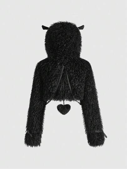 Goth Gothic Punk Faux Fur Short Hooded Jacket, Women Faux Fur Coat