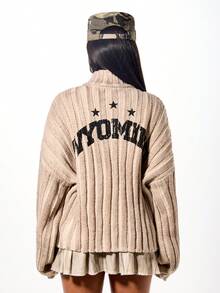 SUMWON WOMEN Áo khoác bomber dệt kim họa tiết ngôi sao cỡ lớn có họa tiết cũ kỹ, trang phục thường ngày mùa đông - Màu be - Xem 2