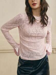 女式秋季新款法式圆领蕾丝拼接绉纱喇叭袖衬衫 - 粉色 - 查看 3