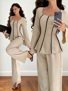 Siren Gaze 2pcs Contrast Trim Flare Sleeve Shirt And Pants Set, Autumn Winter Casual Spring - Apricot - View 1