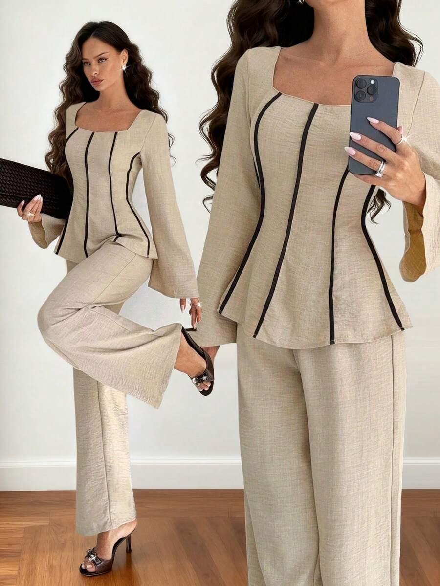 Siren Gaze 2pcs Contrast Trim Flare Sleeve Shirt And Pants Set, Autumn Winter Casual Spring - Apricot - View 1
