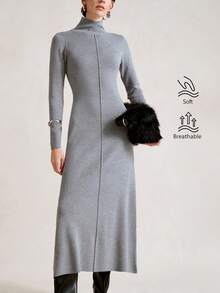 SHEIN Stylify 秋冬高领修身紧身中长连衣裙，优雅设计，长袖，针织长裙，适合高个子女性 - 淺灰色 - 查看 1