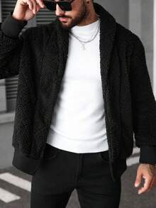 Manfinity Homme 男士加大码成熟休闲INS风黑色抓绒外套。适合日常穿着，也适合圣诞节、新年假期、派对、晚宴等场合，是秋冬季男士都市保暖外套的理想之选，也是送给朋友、丈夫、男友的礼物。 - 黑色 - 查看 4