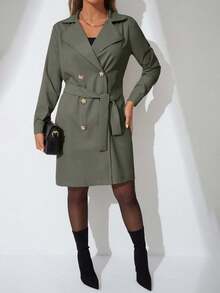 Women's Solid Color Double-Breasted Belted Long Sleeve Trench Coat - Olive Green - View 6