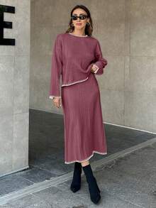 EURMUSE Women Solid Color Rib Knit Handmade Stitch Detailed Sweater & Sweater Skirt Set - Dusty Pink - View 8