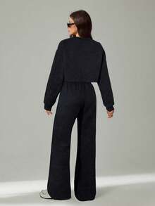 SHEIN Tall 春夏新品音乐节、复活节、纳什维尔、生日派对、毕业典礼、学生休闲装、日常外出、多功能、休闲、度假、邮轮、海滩、日光浴、街头服饰、雪花印花、宽松运动服、2 件套 - 黑色 - 查看 2