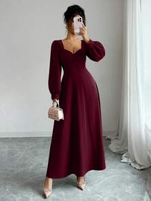 Elenzga 女士优雅方领泡泡袖束腰长裙，适合日常通勤 - 酒紅色 - 查看 3