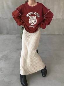 FRIFUL Women's Crew Neck Contrast Color Frill Trim Animal Letter Print Thermal Lined Contrast Color Sweatshirt, Halloween Costume, Autumn - Burgundy - View 5
