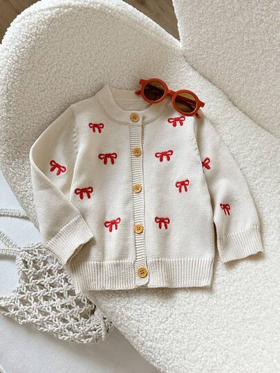 Playful Pals Baby Girl Cute Bow Embroidered Knitted Cardigan Sweater